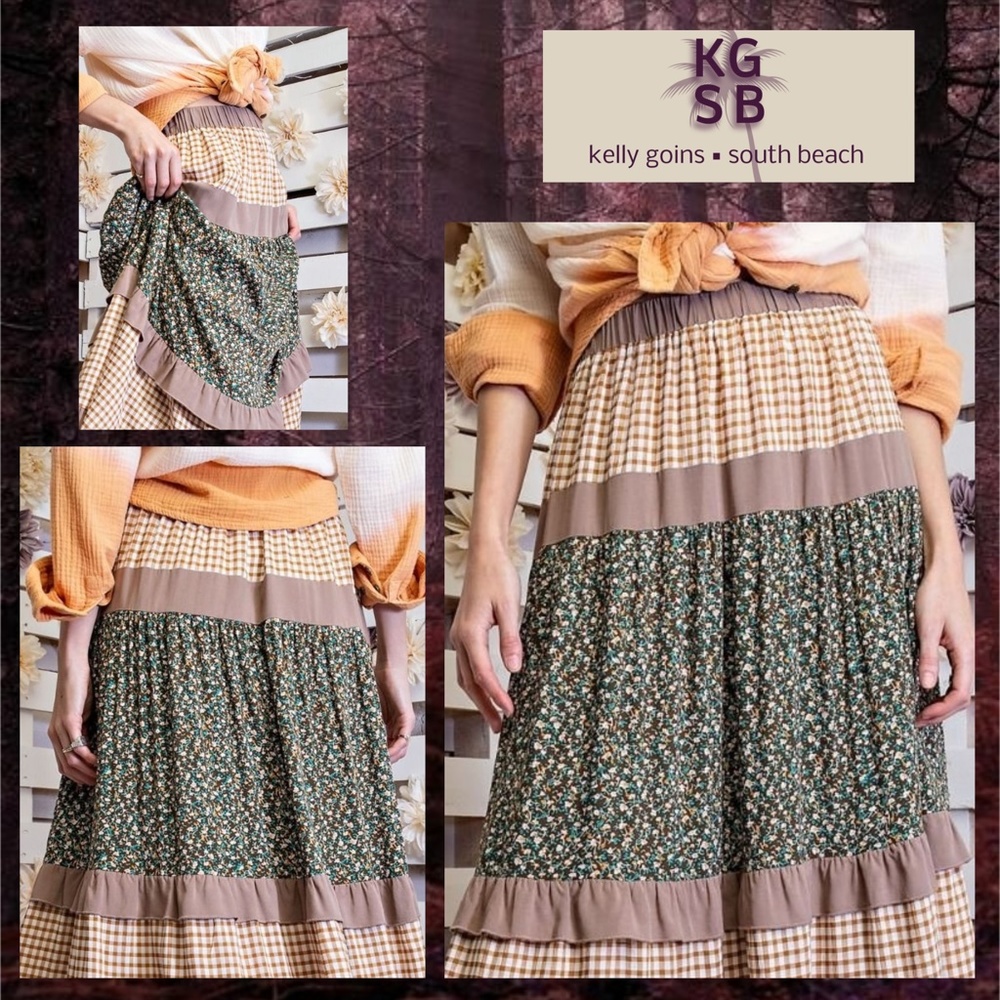 EASEL "Mix & Match" Gingham & Floral Print Ruffle Trim Tiered Maxi Skirt & Dress - Picture 12 of 16